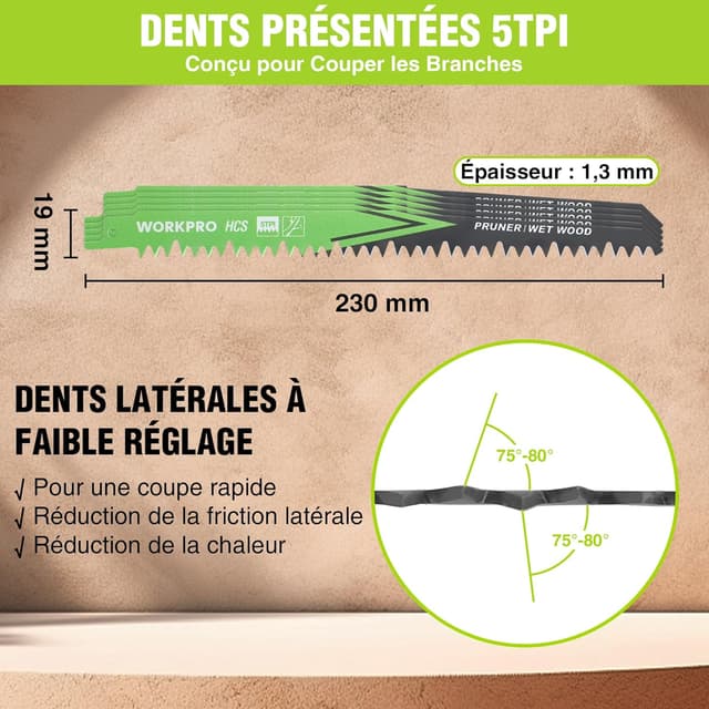 Detalle de WORKPRO Lame de scie sabre 230 mm 5TPI