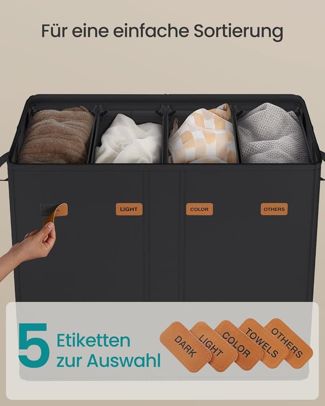 Detalle de SONGMICS Wäschekorb mit 4 Fächern (210 L) und Deckel – dunkelgrau, herausnehmbarer Innensack RLH014G01