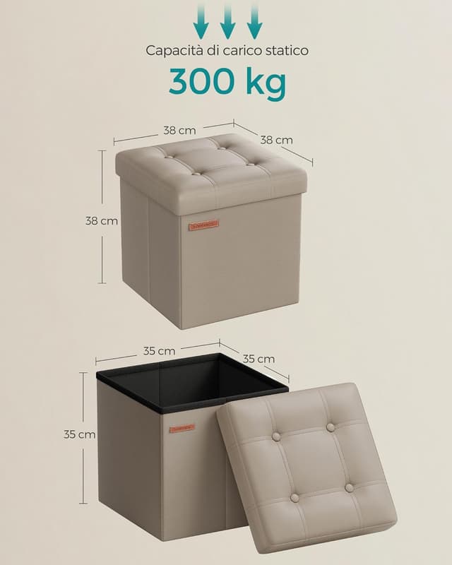 Detalle de SONGMICS Puof contenitore pieghevole LSF030K13 da 38 cm (cassapanca/poggiapiedi) in PU, portata 300 kg