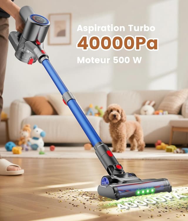 Detalle de VersLife Z8 Aspirateur balai sans fil 6 en 1 avec LED verte et écran, 40 kPa, jusqu’à 45 min (bleu foncé)