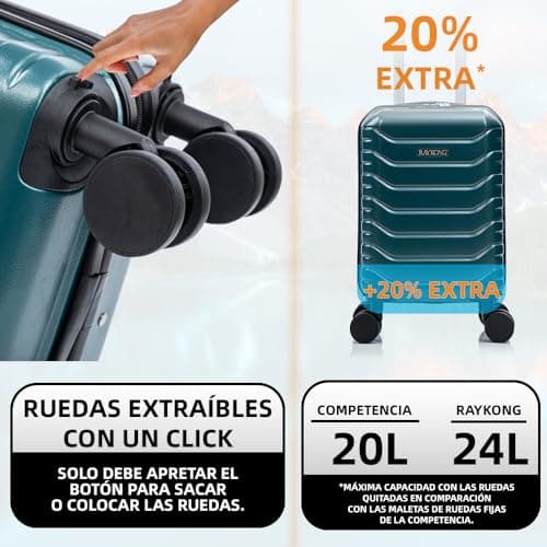 Detalle de RAYKONG Maleta de cabina ABS 40x30x20 (24L) en verde con ruedas desmontables y cerradura de combinación