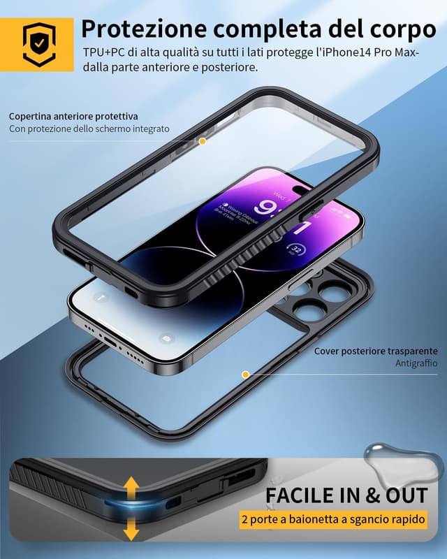 Detalle 2 de Lanhiem Cover Impermeabile IP68 per iPhone 14 Pro Max, custodia rugged full body antiurto (nero) con protezione schermo e supporto MagSafe
