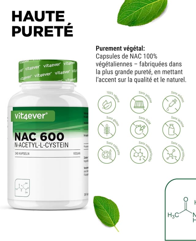 Detalle de Vit4ever Vit4ever NAC (N-acétyl L-cystéine) 240 gélules de 600 mg – Végan, réserve 8 mois