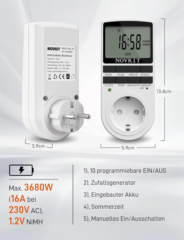 Thumbnail 6 de NOVKIT Digitale Zeitschaltuhr-Steckdose mit 10 wöchentlichen Programmen und Zufallsfunktion für Innen