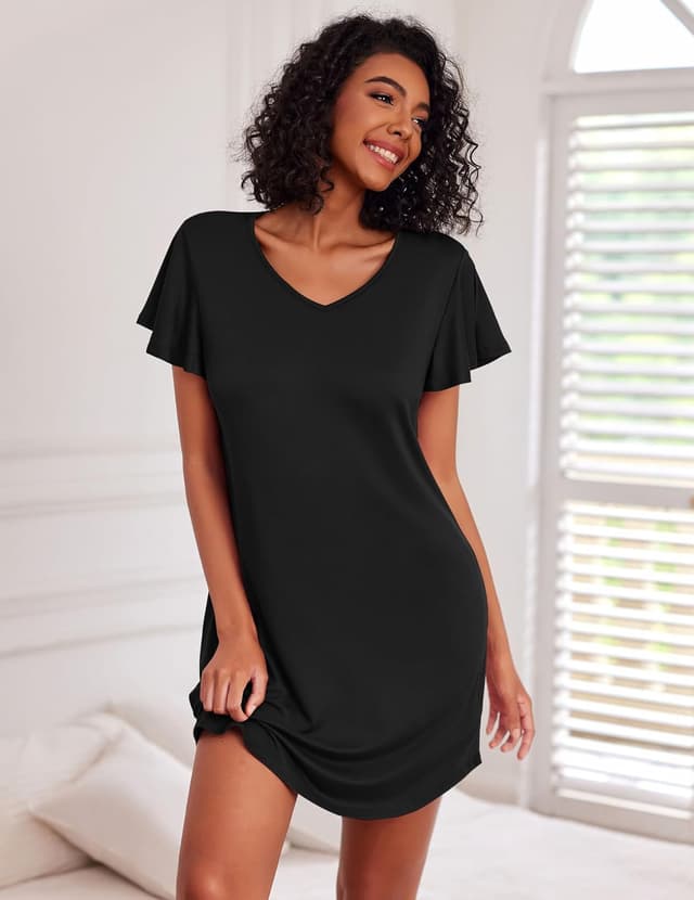 Detalle de Ekouaer Damen Nachthemden Kurzarm (2er-Set) – Sleepshirt mit Print, V-Ausschnitt, S–XXL