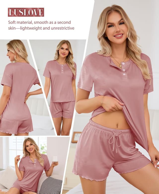Detalle de LUSLOVE Damen Schlafanzüge Pyjama Kurz-Set (V-Ausschnitt & Shorts) für den Sommer