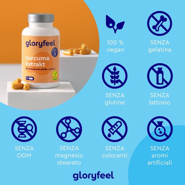 Detalle 2 de Curcuma Bio 95% in polvere con Piperina Plus in capsule – 90 capsule (gloryfeel)