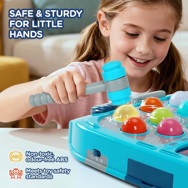 Detalle 2 de Guffawz Whack-a-Mole Kids Game with Lights & Sounds (Blue) – Interactive hammer game for ages 3–8