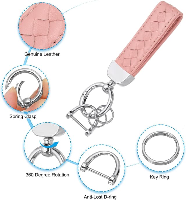Detalle de PATIKIL Leather Car Keychain (Light Pink) with Genuine Leather Strap and D-Ring Screw-on Connector