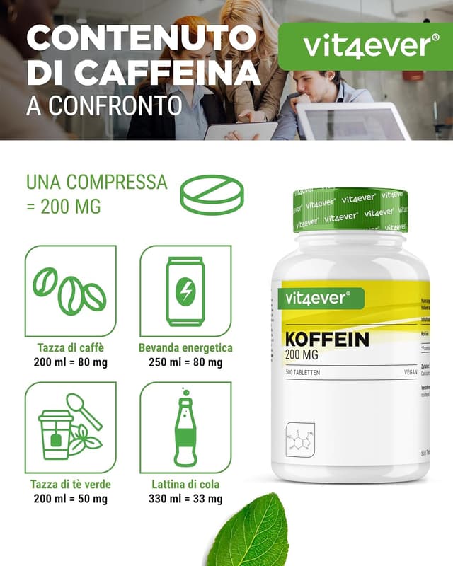 Detalle de Compresse di caffeina da 200 mg ciascuna – 500 compresse, 200 mg caffeina anidra (vegane) vit4ever