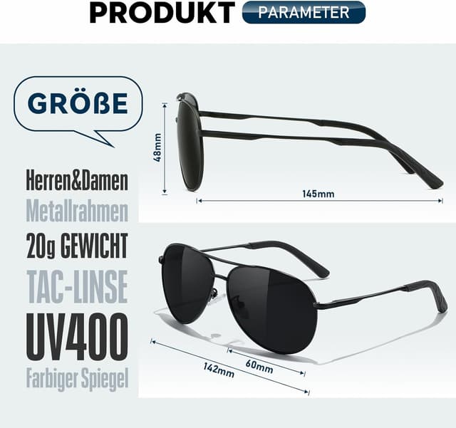 Detalle de wearPro Polarised Pilot Sunglasses (Unisex) with UV400 Protection in Black – Vintage-style lightweight shades