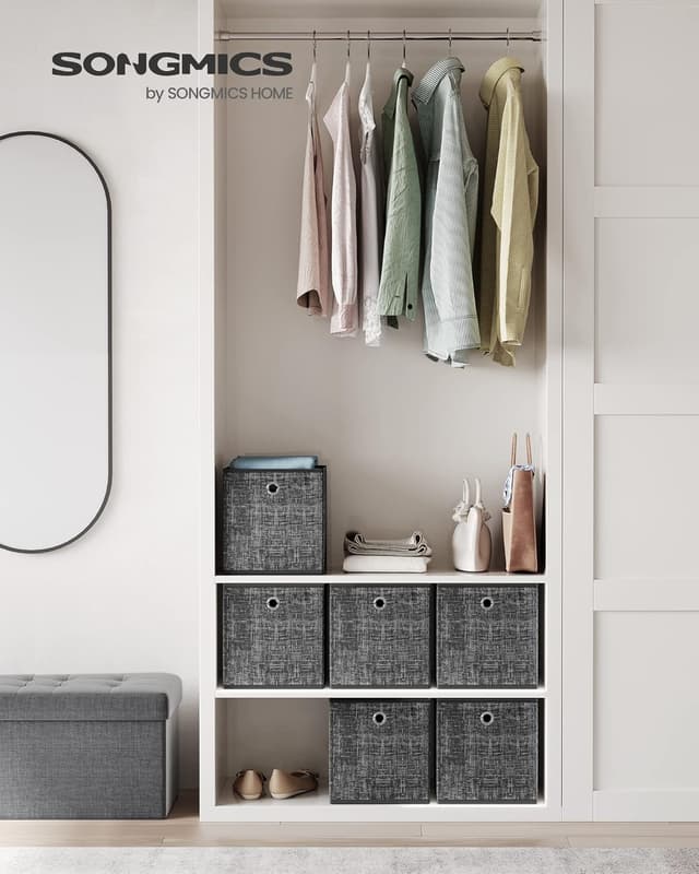 Detalle 2 de SONGMICS Aufbewahrungsbox 6er-Set (Vliesstoff mit Griff) – RFB026B01, 26 x 26 x 28 cm, schwarz meliert