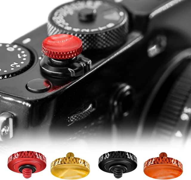 Detalle de REYGEAK 4er Set Auslöser für Leica & Fujifilm – versenkter Auslöseknopf aus Aluminium (Konkav) in rot/braun/orange/schwarz