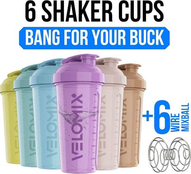 Detalle 2 de VELOMIX 6-Pack 828ml Protein Shaker Bottles with Wire Mixball (BPA-Free, Leak Proof)