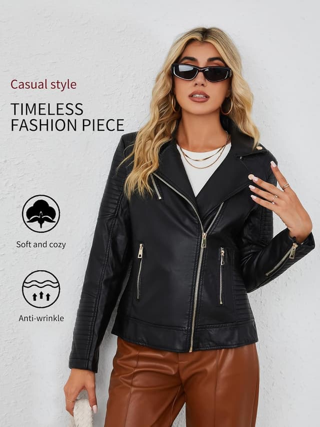 Detalle de Bellivera Women’s Faux Leather Casual Jacket (2025 Spring Trendy Motorcycle Outfit)