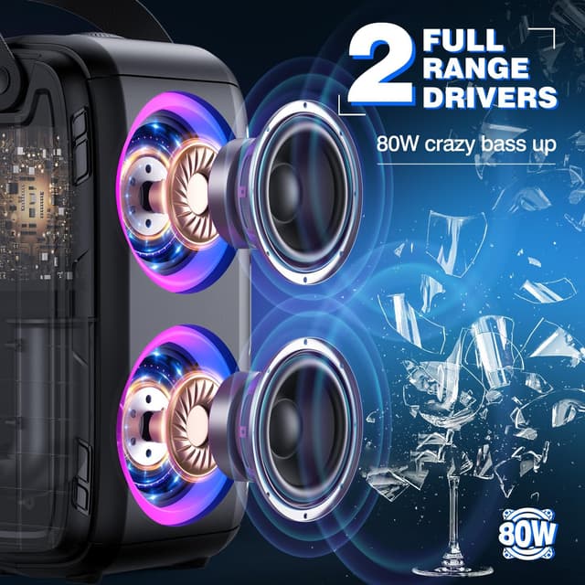 Detalle de W-KING 80W Portable Party Boom Box T9-2 Bluetooth Speaker with Lights, IPX5 and 24H Playtime