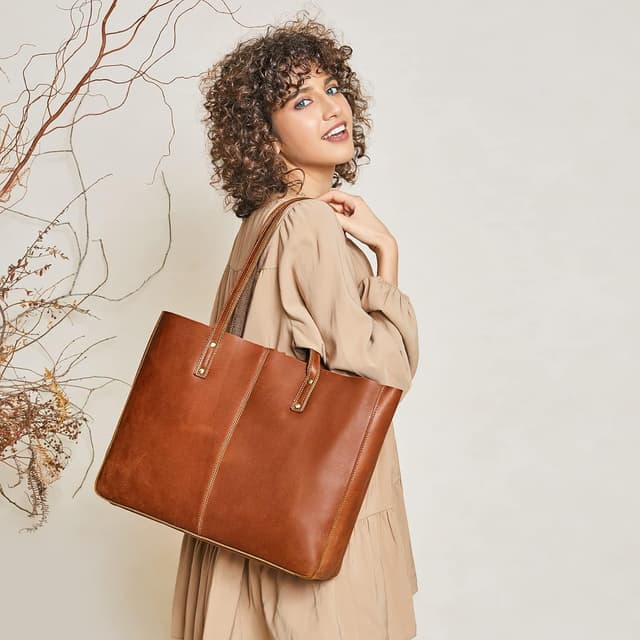 Detalle de S-ZONE Women Vintage Crazy Horse Leather Tote Shoulder Bag (Large) for Laptop and Everyday Carry