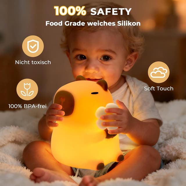Detalle de JVURICE® Capybara Silikon-Nachtlicht für Kinder, dimmbar, Touch & wiederaufladbar per USB‑C