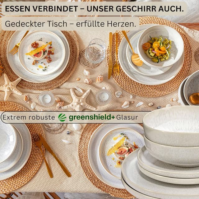 Detalle de SÄNGER Geschirrset Korfu 24-tlg für 8 Personen – Steingut handgemacht in Cremefarben