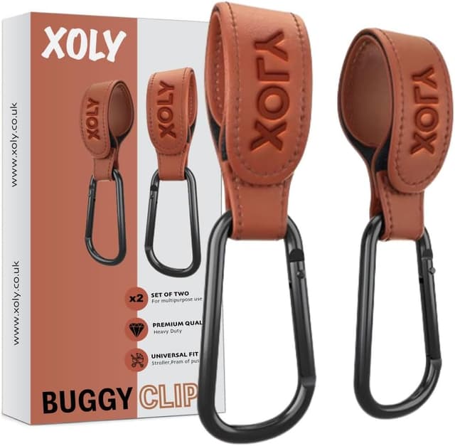 Detalle de XOLY 2X Buggy Clips (Heavy Duty Universal Non-slip) – Stroller Hooks for Bags, Handbags & Change Bags (Brown) – 2 Pack