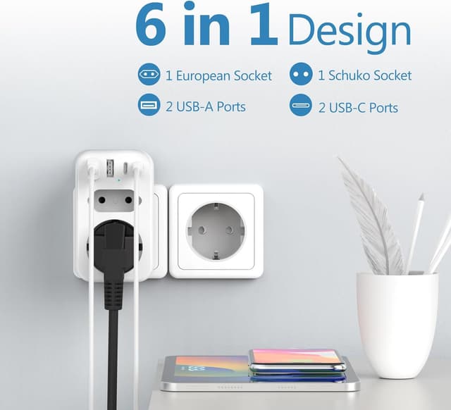 Detalle de JSVER Multi-Socket Power Strip 3680W con 1 presa Schuko, 1 presa europea e 4 porte USB (2×USB-A + 2×USB-C), bianco