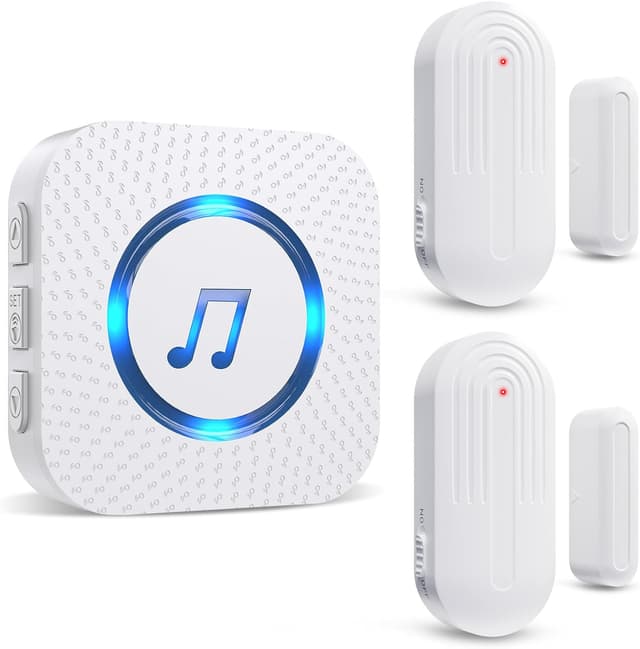 Detalle de SANJIE Wireless Door Open Alarm Sensor Chime (UK plug-in receiver, 2 sensors) with LED indicators and adjustable volume