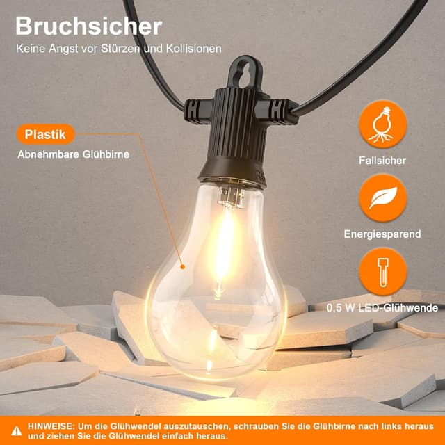Detalle de Kawaya LED-Lichterkette für außen IP65, 15 m mit dimmbaren A45 Glühbirnen (2700 K) und 25+2 Leuchtmitteln
