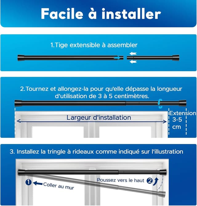 Thumbnail 6 de Tringle à rideaux extensible sans perçage BSYXLSX noire 70–100 cm