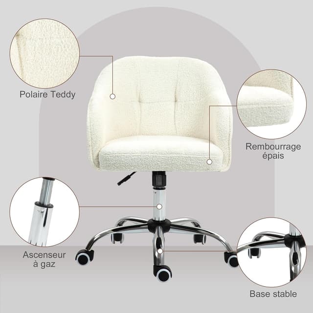 Detalle 2 de HOMCOM Chaise de bureau ergonomique en peluche Teddy avec hauteur réglable et pivot 360° (crème)