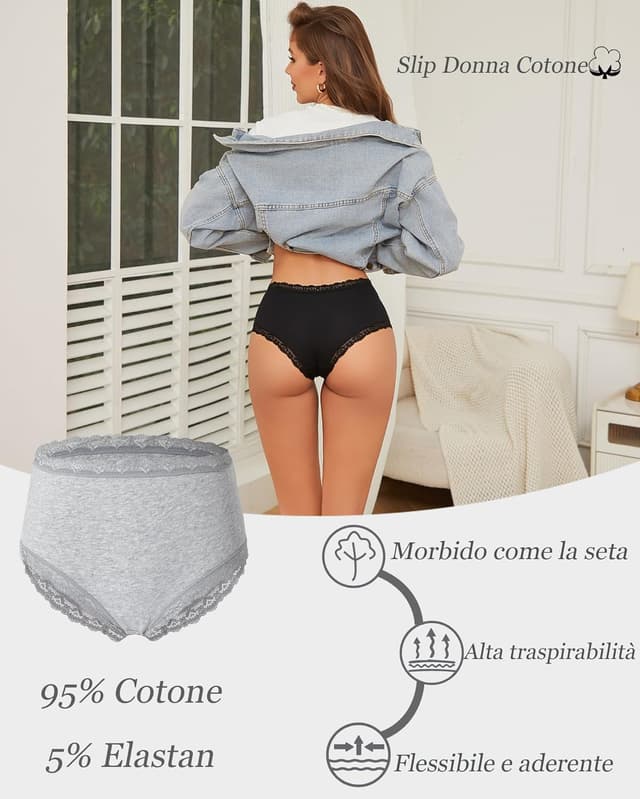 Thumbnail 6 de ALL OF SHE confezione da 6 mutande donna in cotone (slip brasiliana in pizzo), vita media, traspiranti S-XXL