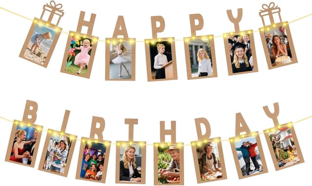 Detalle de Happy Birthday Deko Seutgjie Fotogirlande mit LED-Lichterkette und 15 Glitzerkarten für Fotos