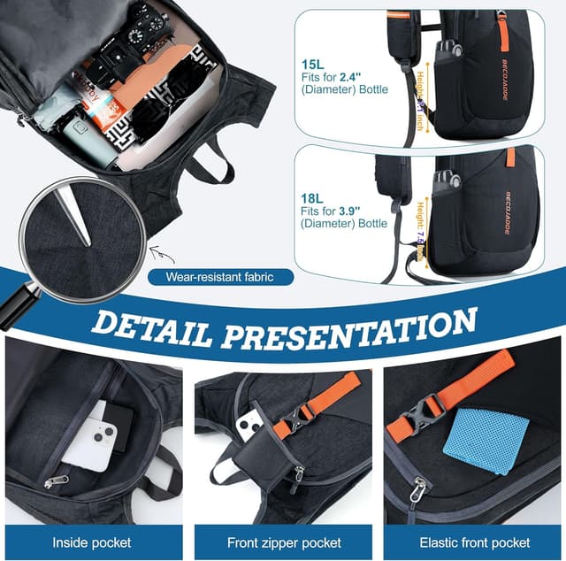 Detalle de BECOJADDE 15L Foldable Hiking Backpack with Phone Pocket, Adjustable Chest Strap and Bottle Side Pockets