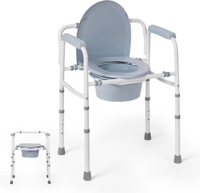 Detalle de Careboda Toilettenstuhl für Senioren mit Armlehnen – stählerner Rahmen, 5 Höhen, bis 136 kg, 7,1-l-Auffangbehälter