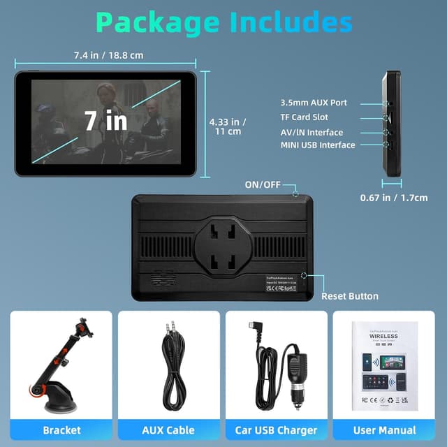 Detalle 2 de Android Auto Display & Carplay Display (7 Zoll) mit Bluetooth, Sprachsteuerung, AUX, FM und Wireless CarPlay