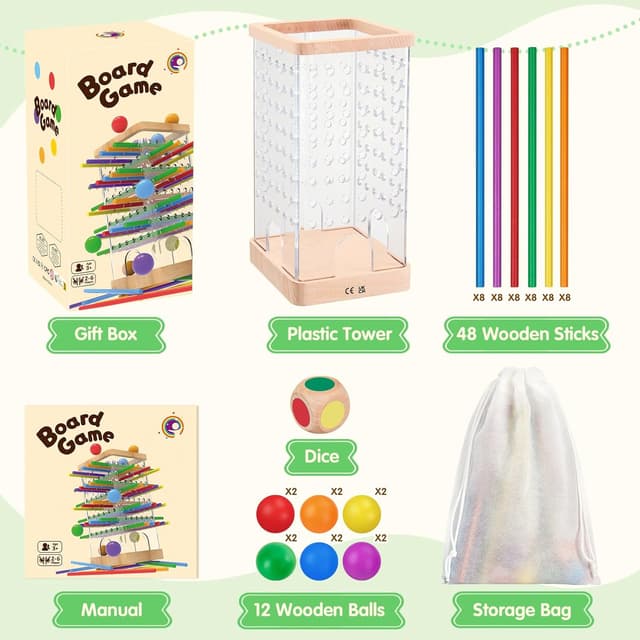 Thumbnail 6 de Montessori Wooden Board Game Tower Set with 48 Coloured Sticks and 12 Balls (Ages 3+)