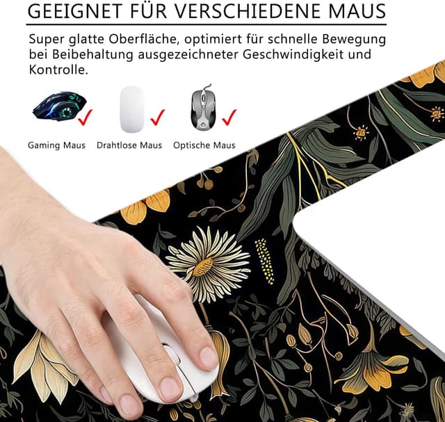 Detalle de Schreibtischunterlage XL Mauspad „Blume & Gras“ 80x30 cm – Gaming Mousepad für PC & Büro