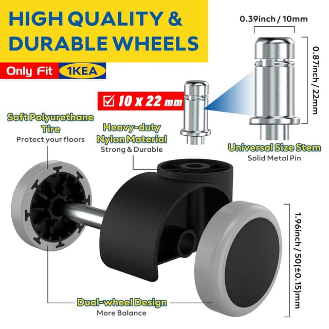 Detalle de WEWILL Bürostuhl Rollen 10×22 mm (5er Set) – leise Doppelrollen für IKEA, für Parkett & Hartboden