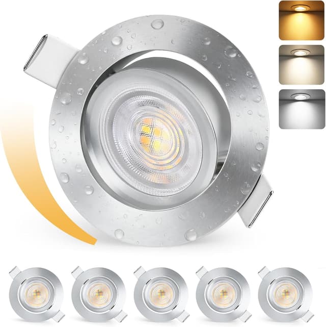 Detalle de KYOTECH LED Einbaustrahler dimmbar 5 W, IP44, 6er-Set (68–75 mm), 3000K/4000K/6500K, 45° schwenkbar