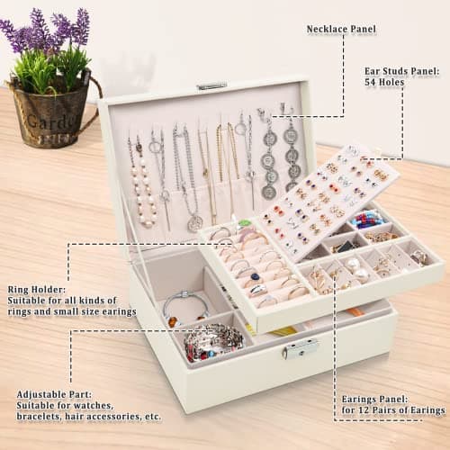 Detalle de Larkumio joyero organizador grande para mujer y niña con doble capa (PU) y llave, blanco