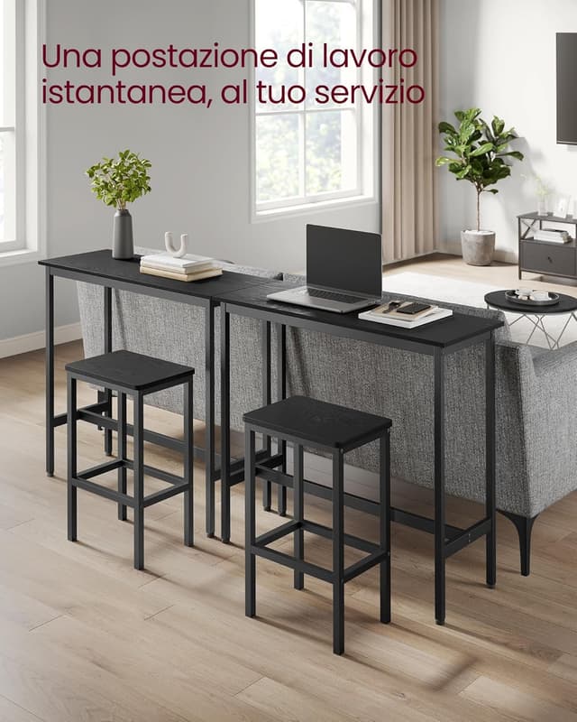 Detalle de VASAGLE set da bar con tavolo alto 100 x 40 cm e 2 sgabelli 40 x 30 cm LBT218B56, nero ebano e nero inchiostro