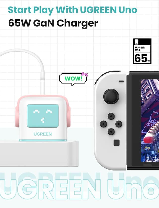 Detalle de UGREEN Uno Charger 65W USB-C GaN Nexode 3-Port (Blue) — 65W fast charger with charge-status display
