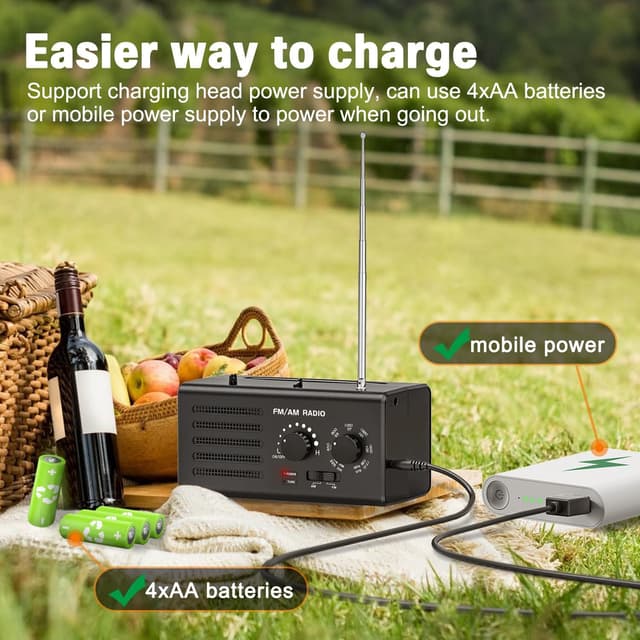 Detalle 2 de Radio portable AM/FM noire avec réception améliorée, haut-parleur intégré, prise casque et USB