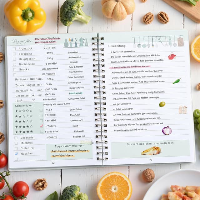 Detalle de ZXHQ Rezeptbuch zum Selberschreiben A5 mit Inhaltsverzeichnis & Schutzcover – Deutsch, 126 Seiten (Salbeigrün)