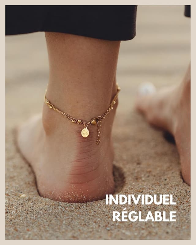 Detalle de Bracelet de cheville Infinity pour femmes, réglable 22–27 cm, résistant à l’eau (acier inoxydable, finitions or 18 carats, argent, or rose)