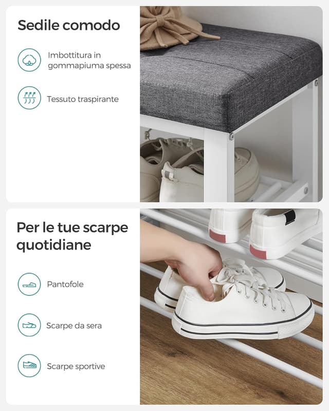 Detalle 2 de Songmics Shoe Bench LBS057W01: panca scarpiera a 3 ripiani con seduta imbottita per ingresso e camera