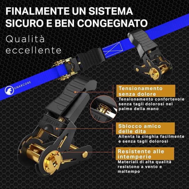 Detalle de Cinghie di fissaggio a cricchetto Premium (set da 4) da 800 kg con borsine e certificato DIN EN 12195-2