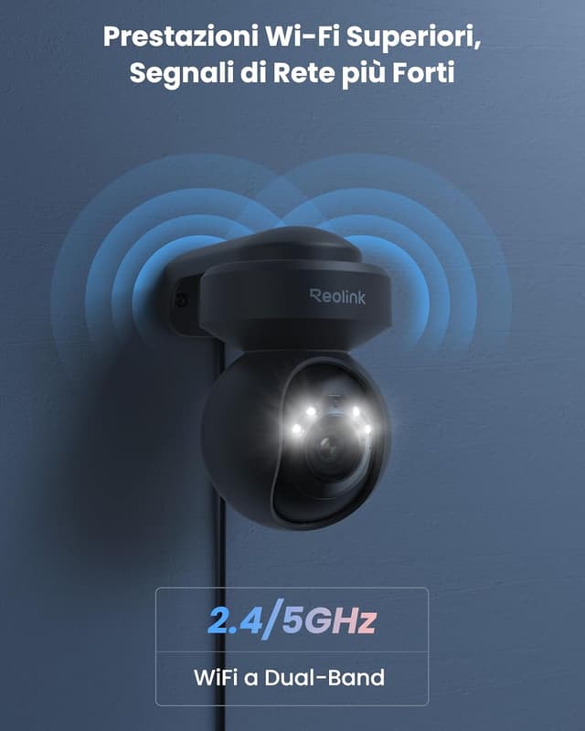 Detalle de Reolink E1 Outdoor 5MP Wi‑Fi esterna con PTZ 355°/50°, 3x zoom e audio bidirezionale