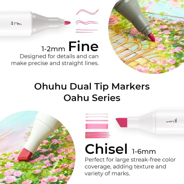 Detalle 2 de Ohuhu Alcohol Markers 48 Pastel Colours (AP certificated) – refillable dual tip set for artists & colouring