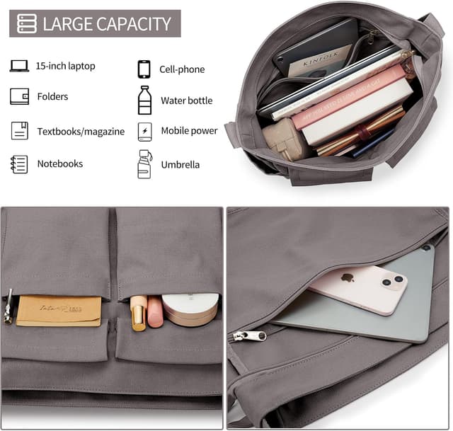 Detalle de KALIDI Canvas Hobo Bag for Women with Zipper – Large Capacity Shoulder Tote