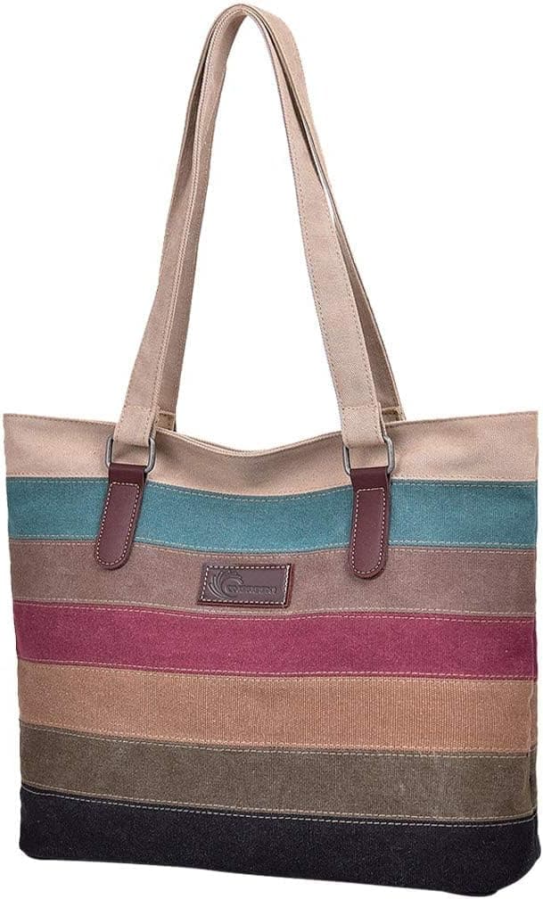 Detalle de CHEREEKI Striped Canvas Tote Bag (Multicolour) – washable shopper for school, work, travel